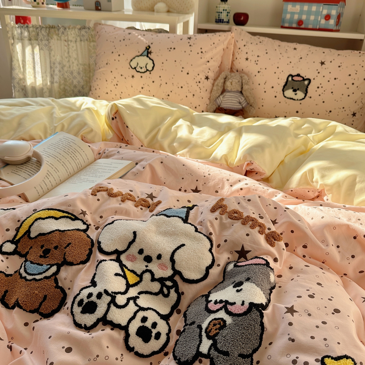 91家纺网 家纺一手货源 找家纺 玉海棠家纺 2026新款高克重超软糯可爱系毛巾绣四件套 真诚小狗