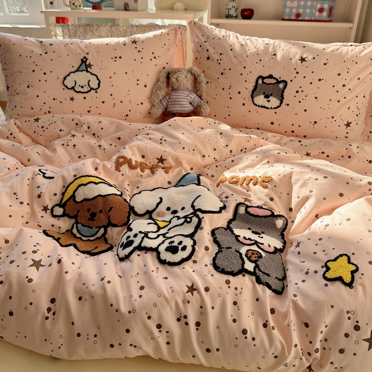 91家纺网 家纺一手货源 找家纺 玉海棠家纺 2026新款高克重超软糯可爱系毛巾绣四件套 真诚小狗