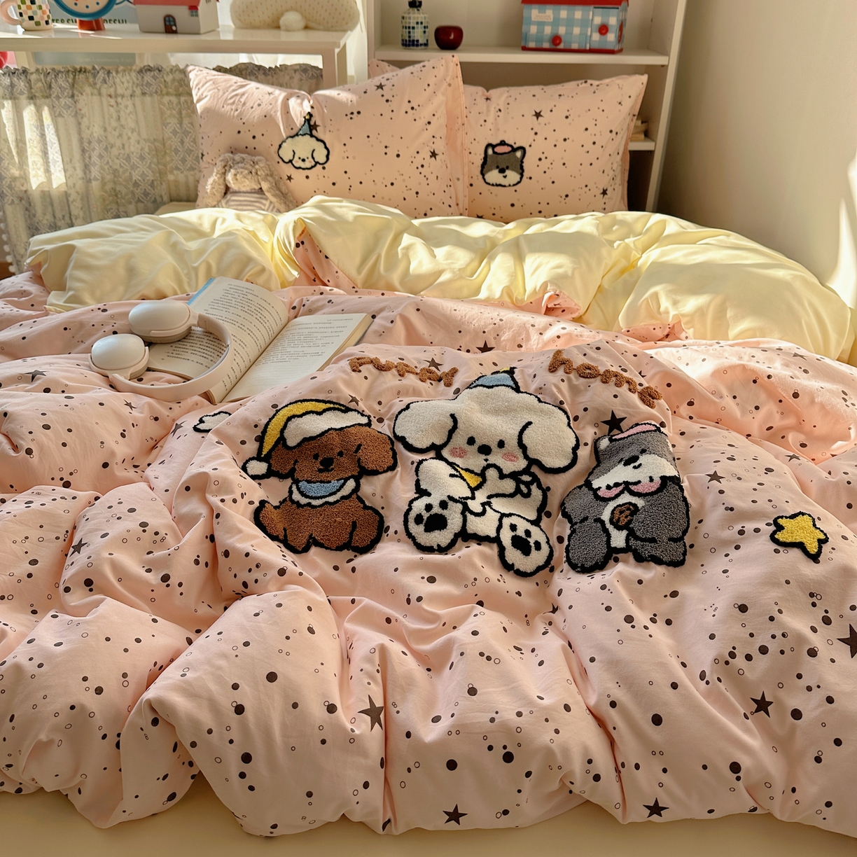 91家纺网 家纺一手货源 找家纺 玉海棠家纺 2026新款高克重超软糯可爱系毛巾绣四件套 真诚小狗