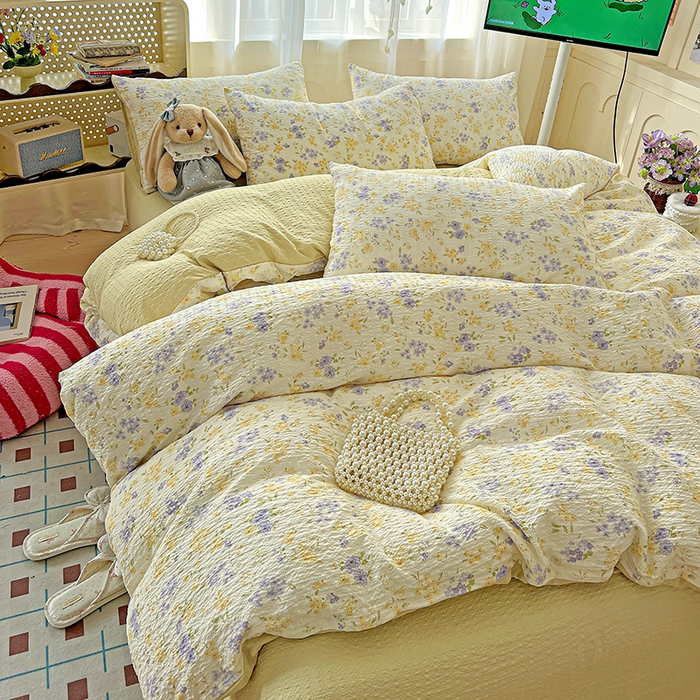 91家纺网 家纺一手货源 找家纺 一比一 2026春夏新款泡芙棉泡芙纱印花四件套-简单款 暖阳