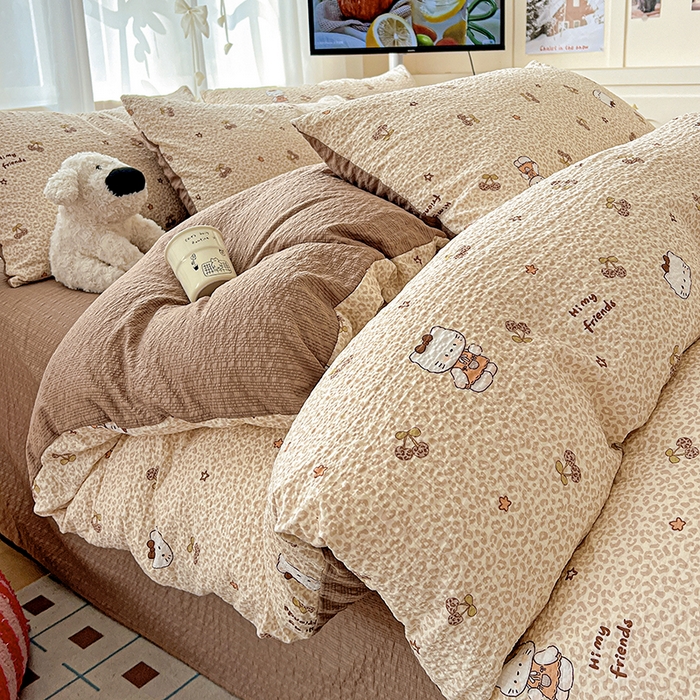 91家纺网 家纺一手货源 找家纺 一比一 2026春夏新款泡芙棉泡芙纱印花四件套-简单款 豹纹KT