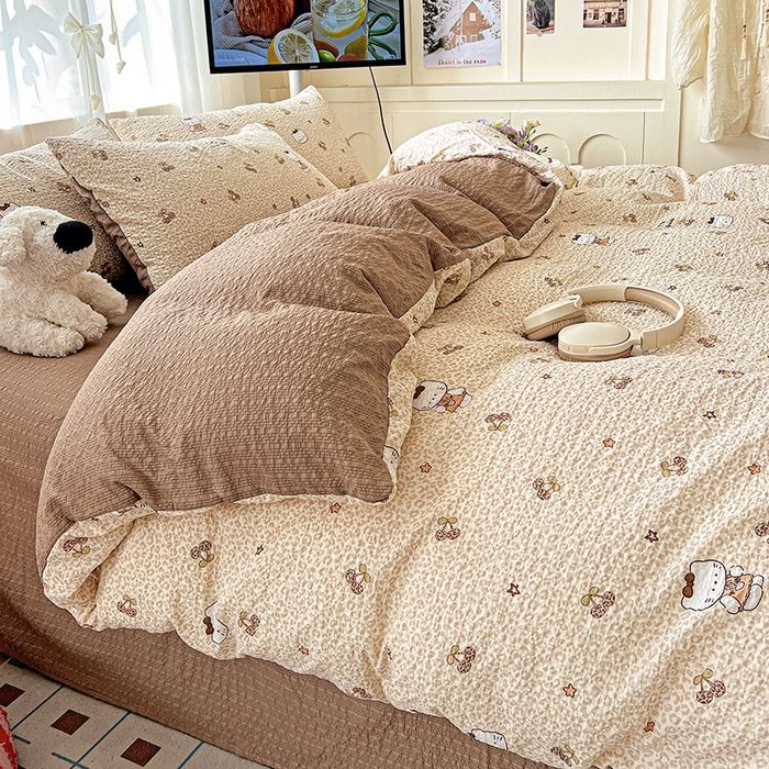 91家纺网 家纺一手货源 找家纺 一比一 2026春夏新款泡芙棉泡芙纱印花四件套-简单款 豹纹KT