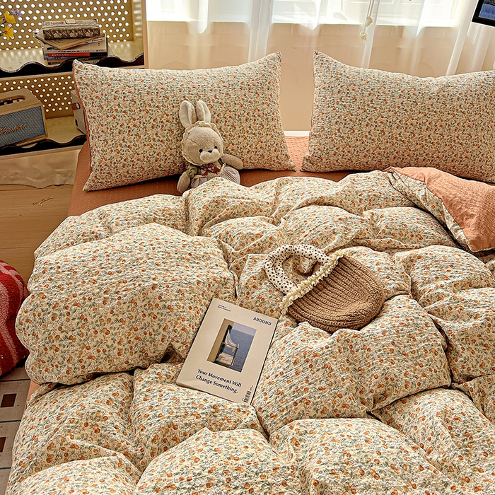 91家纺网 家纺一手货源 找家纺 一比一 2026春夏新款泡芙棉泡芙纱印花四件套-简单款 浪漫樱桃