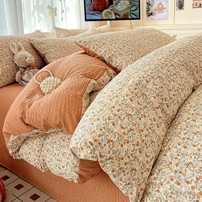 91家纺网 家纺一手货源 找家纺 一比一 2026春夏新款泡芙棉泡芙纱印花四件套-简单款 浪漫樱桃