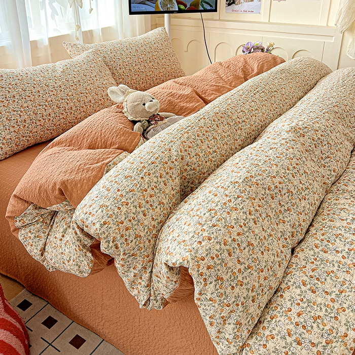 91家纺网 家纺一手货源 找家纺 一比一 2026春夏新款泡芙棉泡芙纱印花四件套-简单款 浪漫樱桃