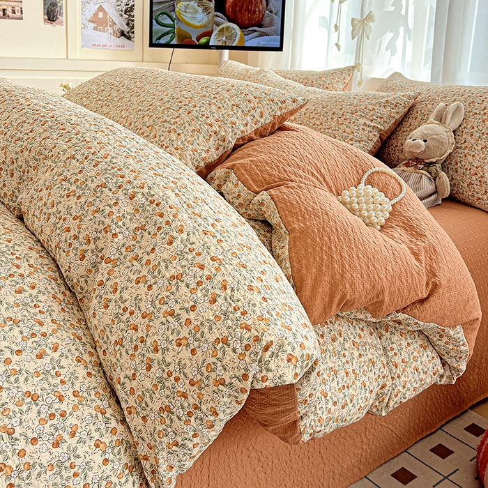 91家纺网 家纺一手货源 找家纺 一比一 2026春夏新款泡芙棉泡芙纱印花四件套-简单款 浪漫樱桃