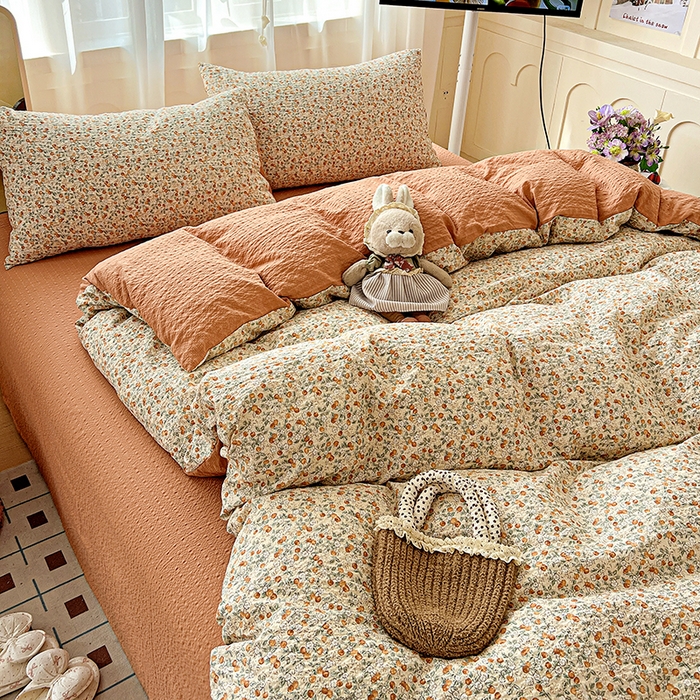 91家纺网 家纺一手货源 找家纺 一比一 2026春夏新款泡芙棉泡芙纱印花四件套-简单款 浪漫樱桃