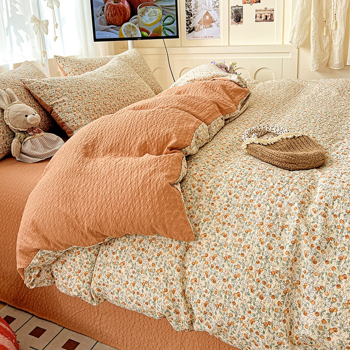 91家纺网 家纺一手货源 找家纺 一比一 2026春夏新款泡芙棉泡芙纱印花四件套-简单款 浪漫樱桃