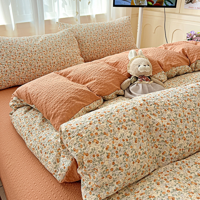 91家纺网 家纺一手货源 找家纺 一比一 2026春夏新款泡芙棉泡芙纱印花四件套-简单款 浪漫樱桃