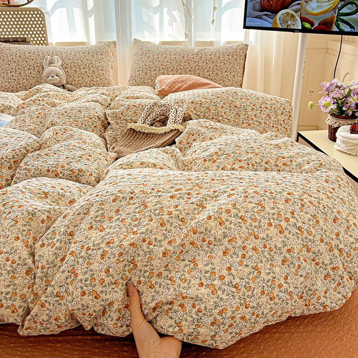 91家纺网 家纺一手货源 找家纺 一比一 2026春夏新款泡芙棉泡芙纱印花四件套-简单款 浪漫樱桃