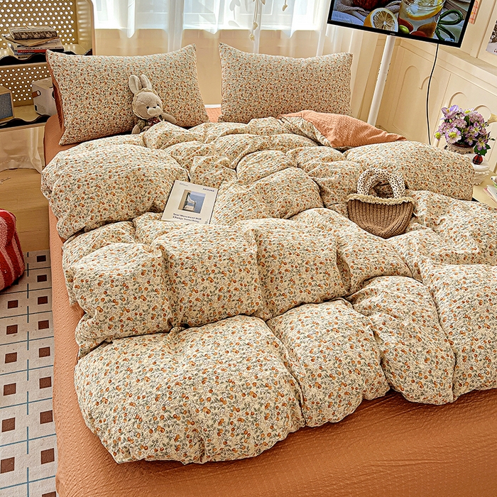 91家纺网 家纺一手货源 找家纺 一比一 2026春夏新款泡芙棉泡芙纱印花四件套-简单款 浪漫樱桃