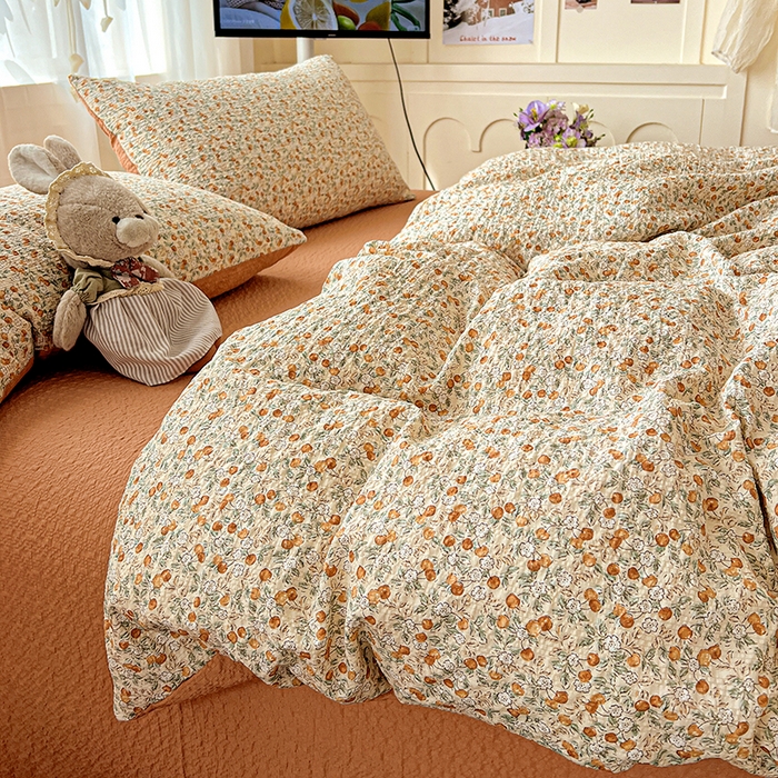 91家纺网 家纺一手货源 找家纺 一比一 2026春夏新款泡芙棉泡芙纱印花四件套-简单款 浪漫樱桃