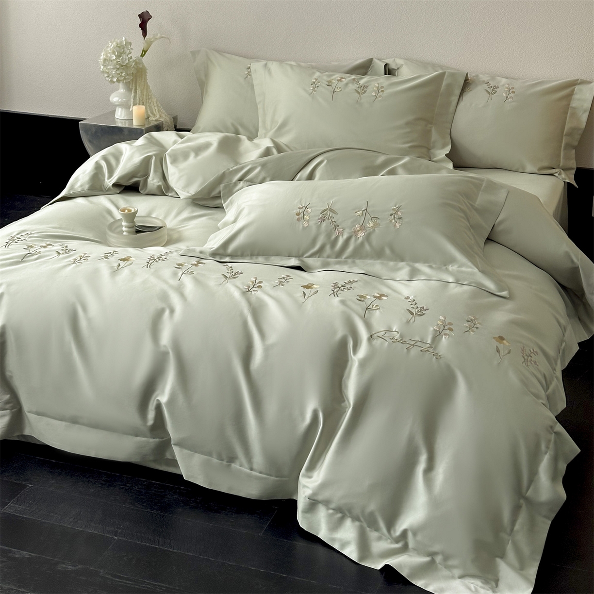 91家纺网 家纺一手货源 找家纺 （总）泽西家纺+V17798841158发大图 2026新品刺绣50s双股全棉长绒棉纯棉宽边四件套-花有约