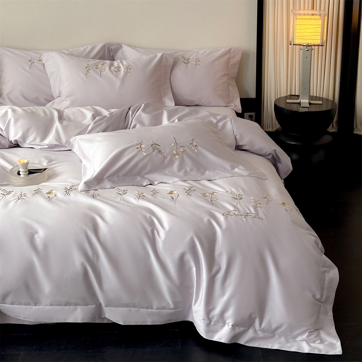 91家纺网 家纺一手货源 找家纺 泽西家纺+V17798841158发大图 2026新品刺绣50s双股全棉长绒棉纯棉宽边四件套-花有约 花有约-梦幻紫