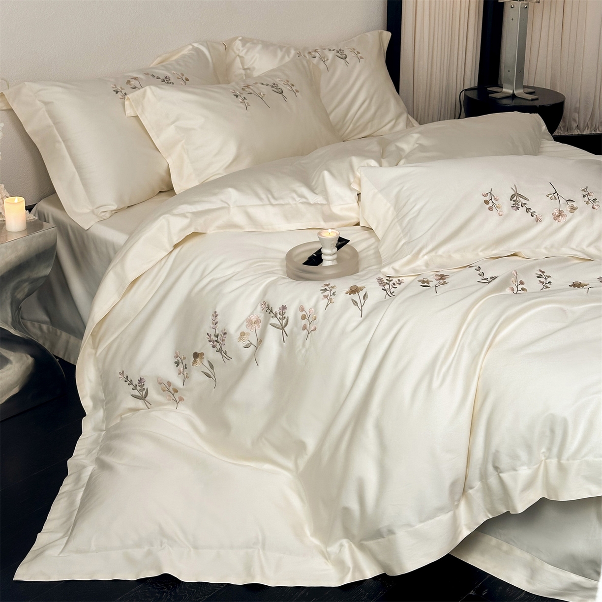 91家纺网 家纺一手货源 找家纺 泽西家纺+V17798841158发大图 2026新品刺绣50s双股全棉长绒棉纯棉宽边四件套-花有约 花有约-奶芋色