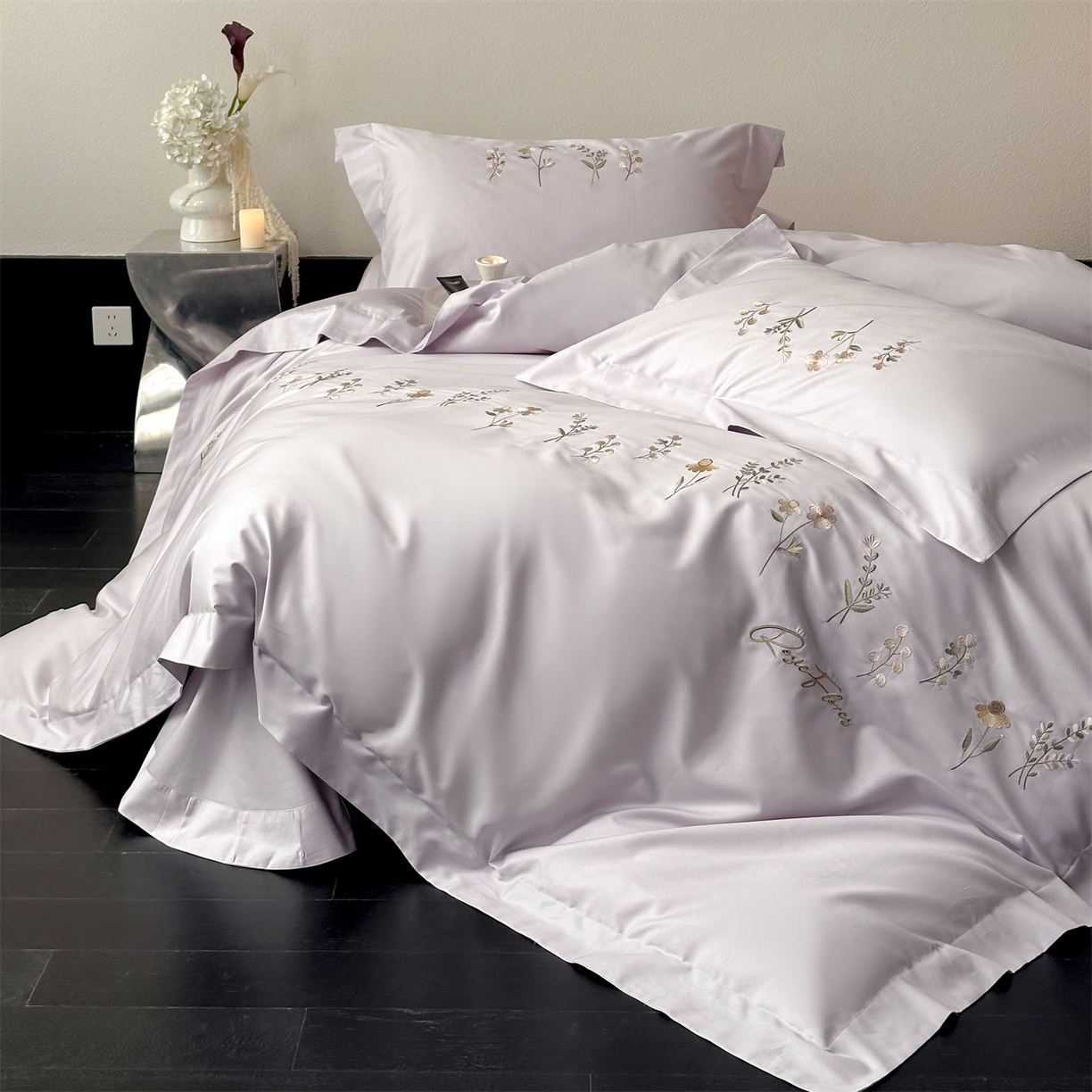 91家纺网 家纺一手货源 找家纺 泽西家纺+V17798841158发大图 2026新品刺绣50s双股全棉长绒棉纯棉宽边四件套-花有约 花有约-梦幻紫