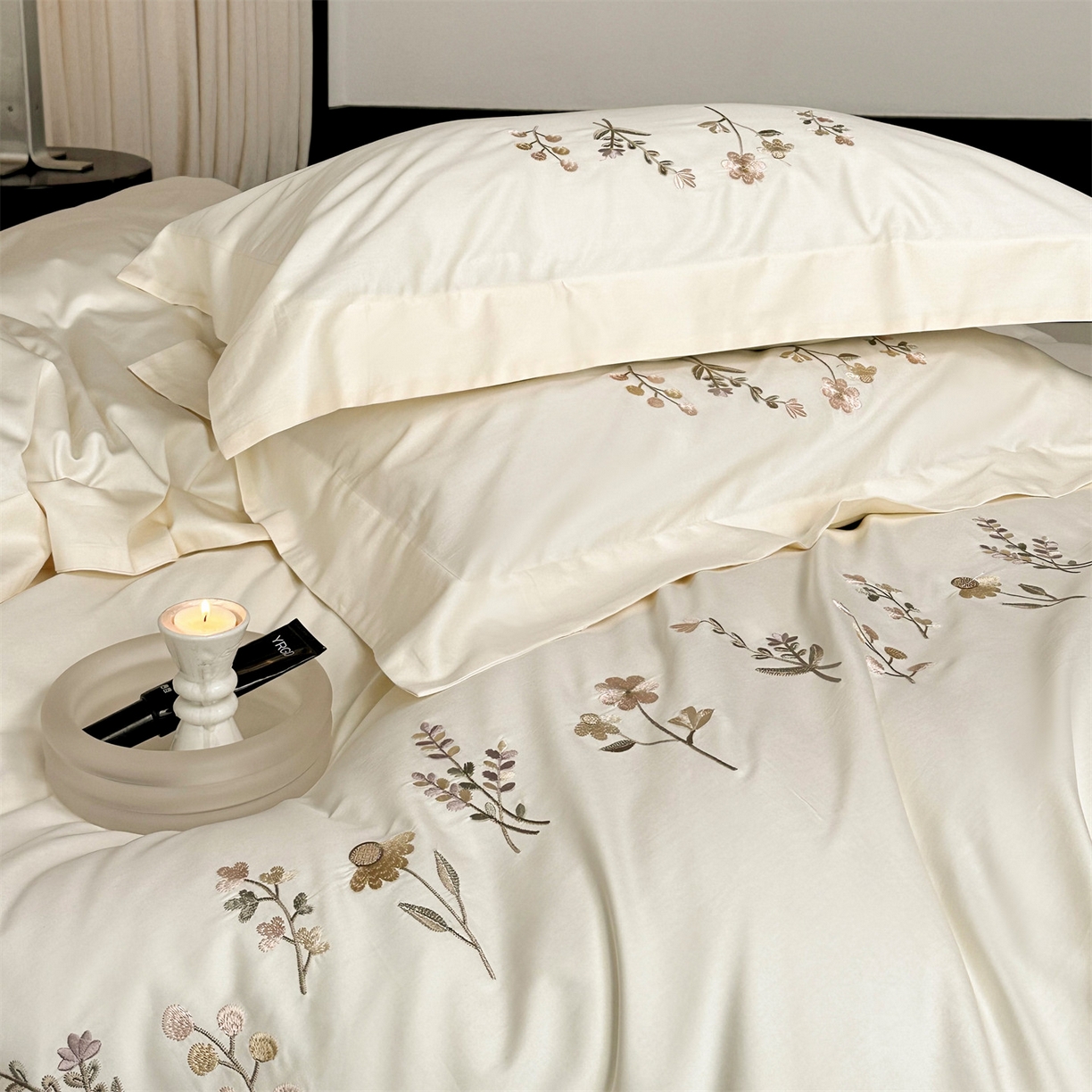 91家纺网 家纺一手货源 找家纺 泽西家纺+V17798841158发大图 2026新品刺绣50s双股全棉长绒棉纯棉宽边四件套-花有约 花有约-奶芋色