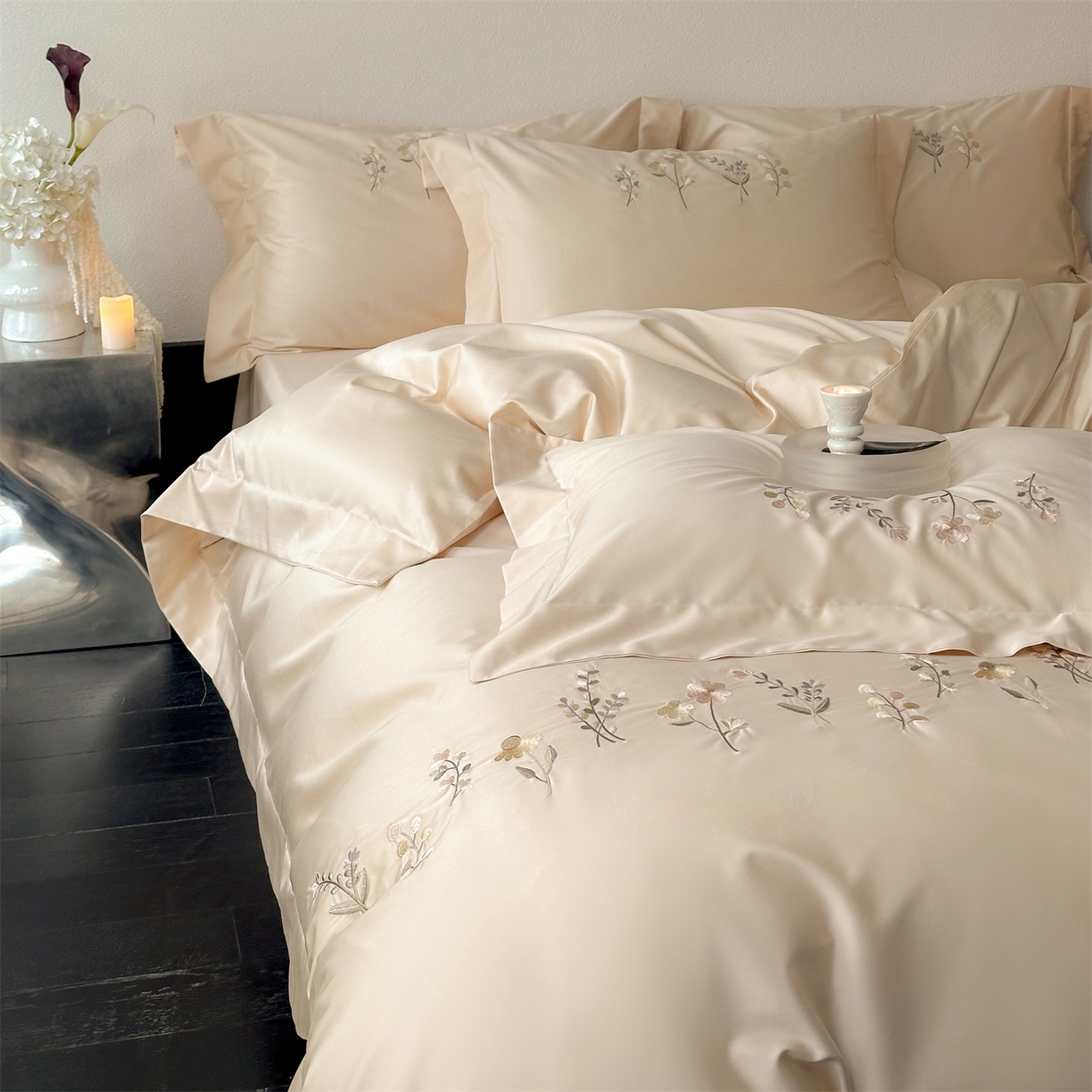 91家纺网 家纺一手货源 找家纺 泽西家纺+V17798841158发大图 2026新品刺绣50s双股全棉长绒棉纯棉宽边四件套-花有约 花有约-浅米驼