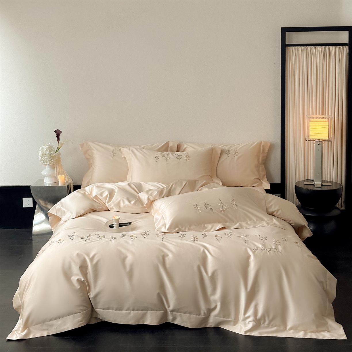 91家纺网 家纺一手货源 找家纺 泽西家纺+V17798841158发大图 2026新品刺绣50s双股全棉长绒棉纯棉宽边四件套-花有约 花有约-浅米驼