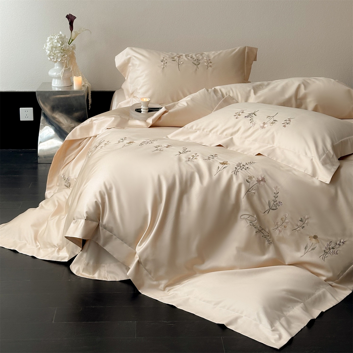 91家纺网 家纺一手货源 找家纺 泽西家纺+V17798841158发大图 2026新品刺绣50s双股全棉长绒棉纯棉宽边四件套-花有约 花有约-浅米驼