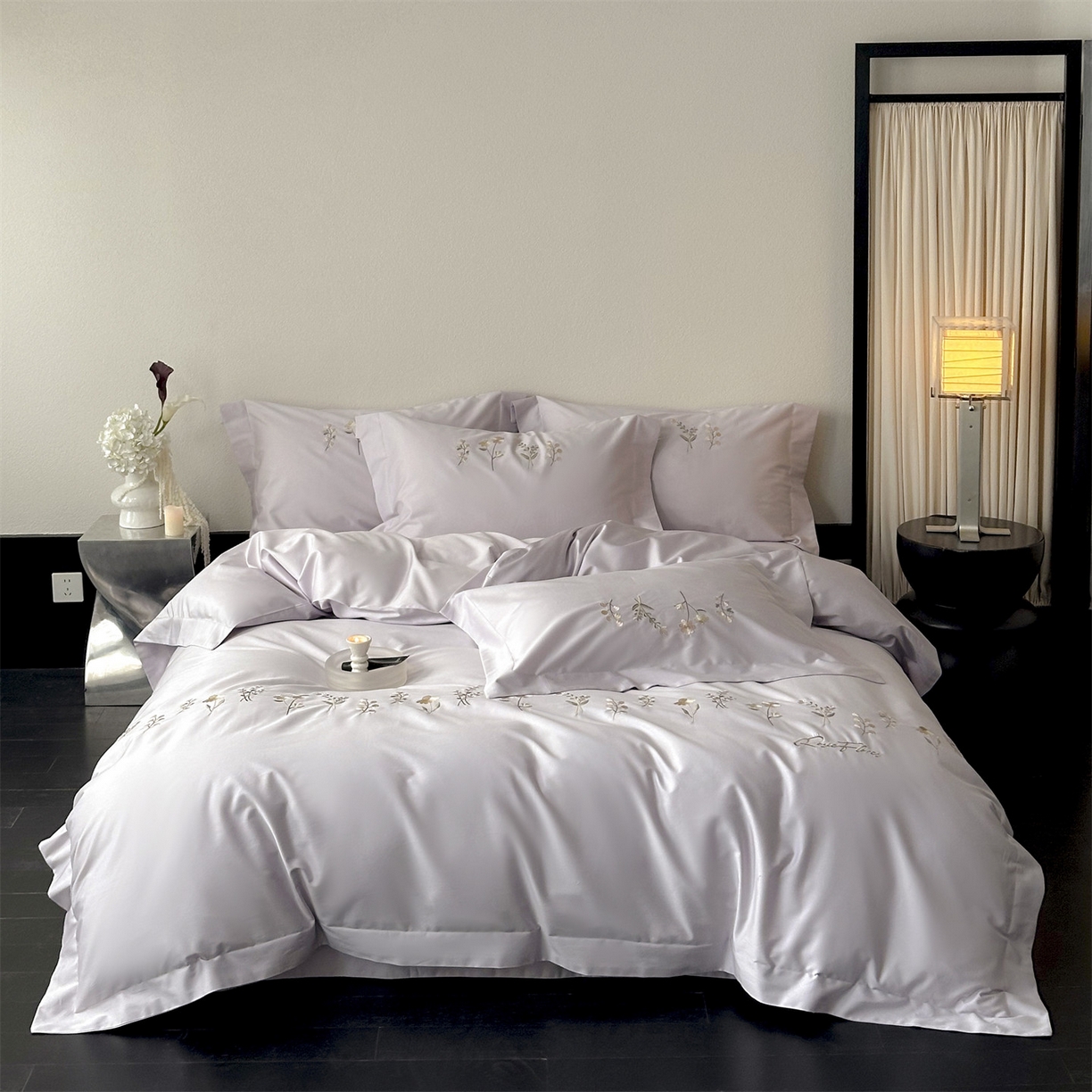 91家纺网 家纺一手货源 找家纺 泽西家纺+V17798841158发大图 2026新品刺绣50s双股全棉长绒棉纯棉宽边四件套-花有约 花有约-梦幻紫