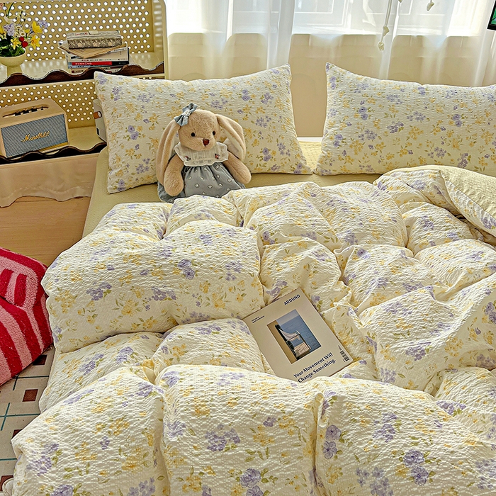 91家纺网 家纺一手货源 找家纺 一比一 2026春夏新款泡芙棉泡芙纱印花四件套-简单款 暖阳