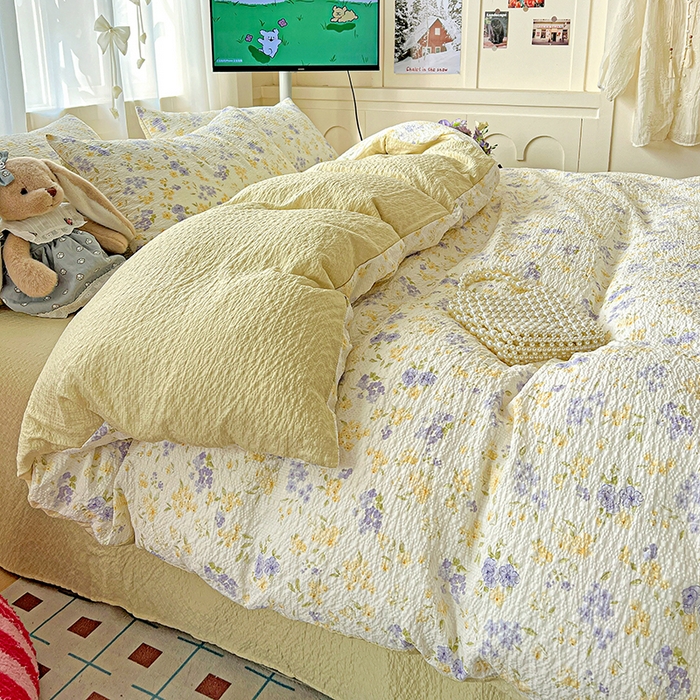 91家纺网 家纺一手货源 找家纺 一比一 2026春夏新款泡芙棉泡芙纱印花四件套-简单款 暖阳