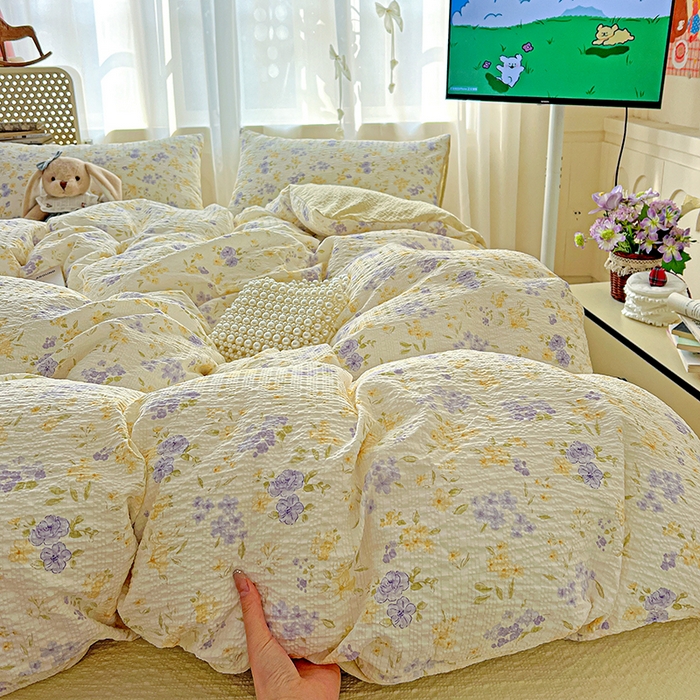 91家纺网 家纺一手货源 找家纺 一比一 2026春夏新款泡芙棉泡芙纱印花四件套-简单款 暖阳