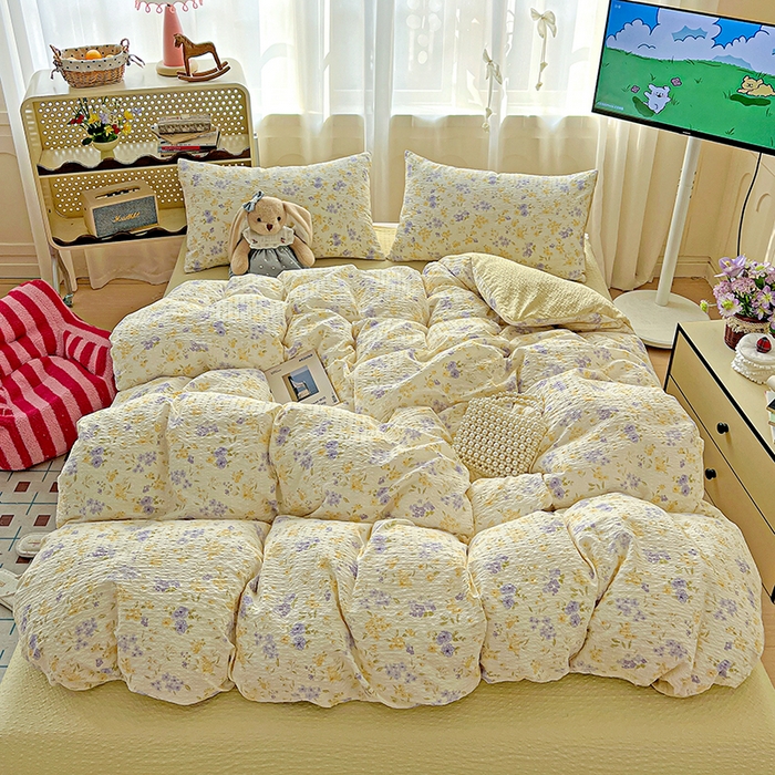 91家纺网 家纺一手货源 找家纺 一比一 2026春夏新款泡芙棉泡芙纱印花四件套-简单款 暖阳