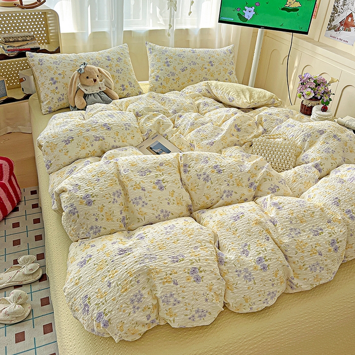 91家纺网 家纺一手货源 找家纺 一比一 2026春夏新款泡芙棉泡芙纱印花四件套-简单款 暖阳