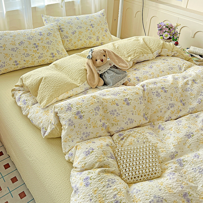 91家纺网 家纺一手货源 找家纺 一比一 2026春夏新款泡芙棉泡芙纱印花四件套-简单款 暖阳