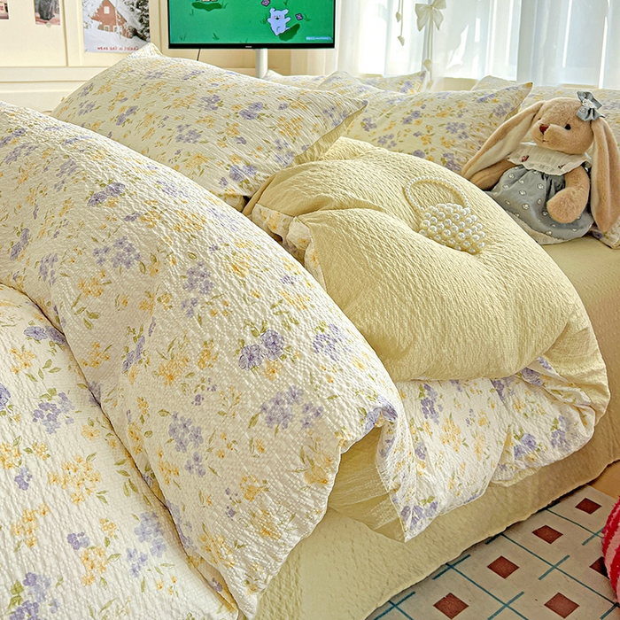 91家纺网 家纺一手货源 找家纺 一比一 2026春夏新款泡芙棉泡芙纱印花四件套-简单款 暖阳