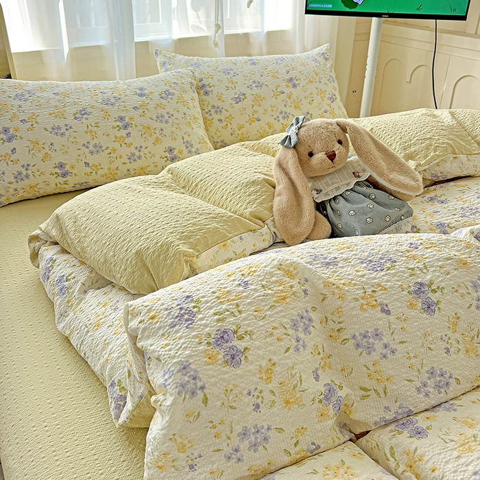 91家纺网 家纺一手货源 找家纺 一比一 2026春夏新款泡芙棉泡芙纱印花四件套-简单款 暖阳