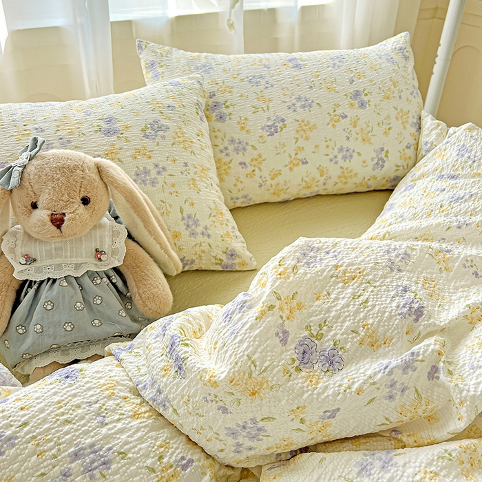 91家纺网 家纺一手货源 找家纺 一比一 2026春夏新款泡芙棉泡芙纱印花四件套-简单款 暖阳