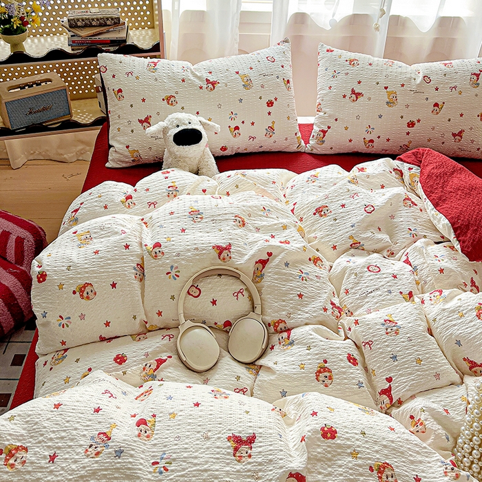 91家纺网 家纺一手货源 找家纺 一比一 2026春夏新款泡芙棉泡芙纱印花四件套-简单款 晚安宝贝 - 红