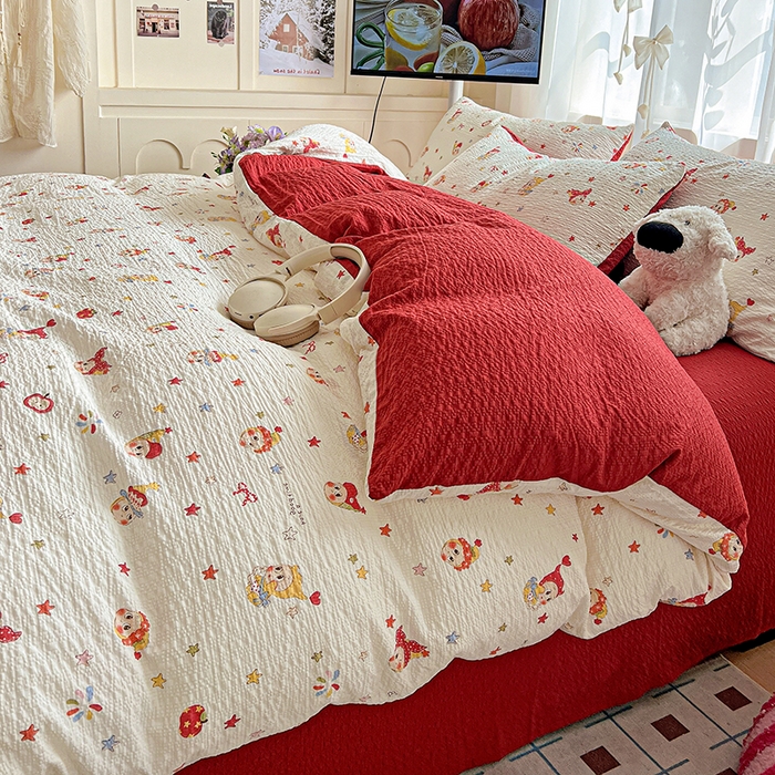 91家纺网 家纺一手货源 找家纺 一比一 2026春夏新款泡芙棉泡芙纱印花四件套-简单款 晚安宝贝 - 红