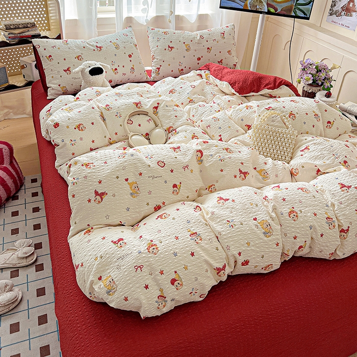 91家纺网 家纺一手货源 找家纺 一比一 2026春夏新款泡芙棉泡芙纱印花四件套-简单款 晚安宝贝 - 红