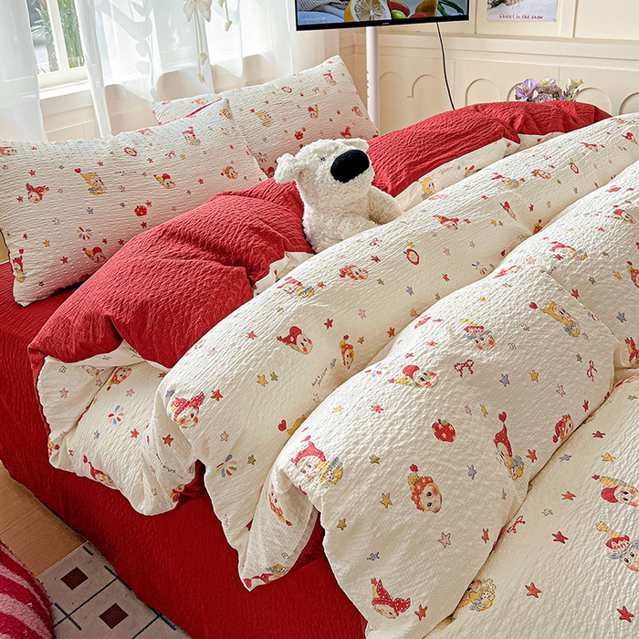 91家纺网 家纺一手货源 找家纺 一比一 2026春夏新款泡芙棉泡芙纱印花四件套-简单款 晚安宝贝 - 红