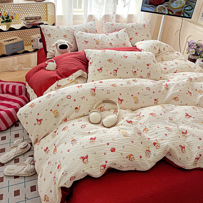 一比一 2026春夏新款泡芙棉泡芙纱印花四件套-简单款 晚安宝贝 - 红