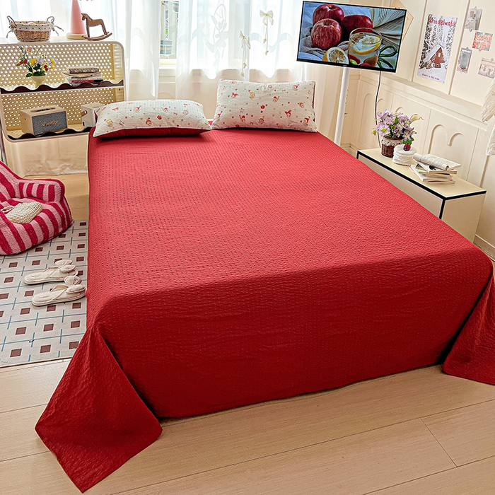 91家纺网 家纺一手货源 找家纺 一比一 2026春夏新款泡芙棉泡芙纱印花四件套-简单款 晚安宝贝 - 红