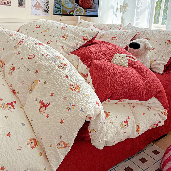 91家纺网 家纺一手货源 找家纺 一比一 2026春夏新款泡芙棉泡芙纱印花四件套-简单款 晚安宝贝 - 红