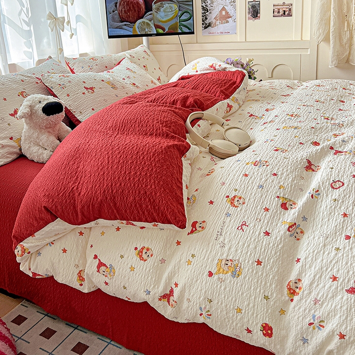 91家纺网 家纺一手货源 找家纺 一比一 2026春夏新款泡芙棉泡芙纱印花四件套-简单款 晚安宝贝 - 红