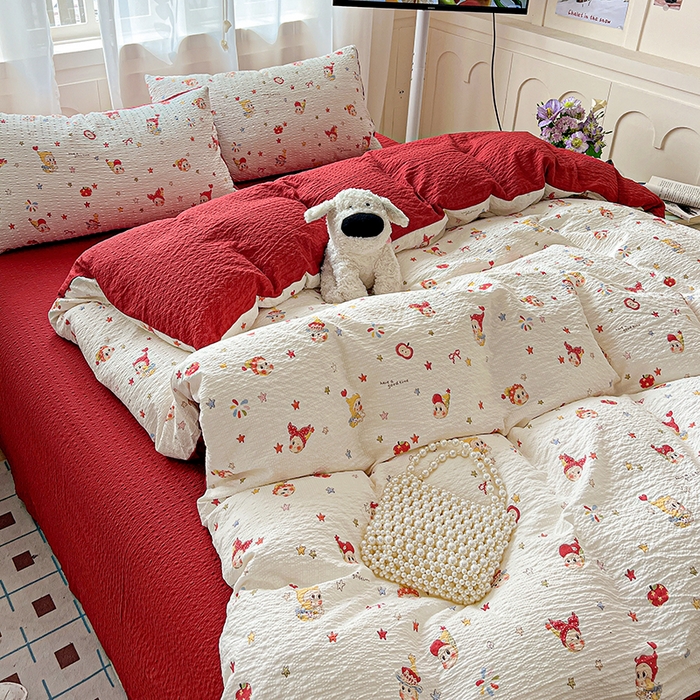 91家纺网 家纺一手货源 找家纺 一比一 2026春夏新款泡芙棉泡芙纱印花四件套-简单款 晚安宝贝 - 红