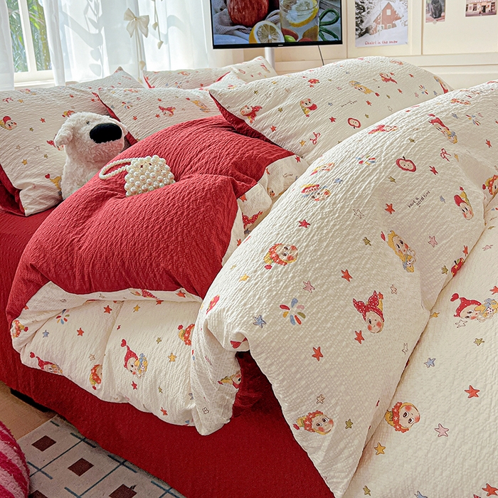 91家纺网 家纺一手货源 找家纺 一比一 2026春夏新款泡芙棉泡芙纱印花四件套-简单款 晚安宝贝 - 红