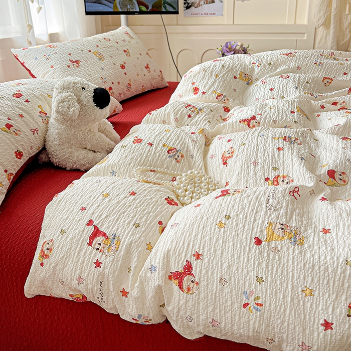 91家纺网 家纺一手货源 找家纺 一比一 2026春夏新款泡芙棉泡芙纱印花四件套-简单款 晚安宝贝 - 红