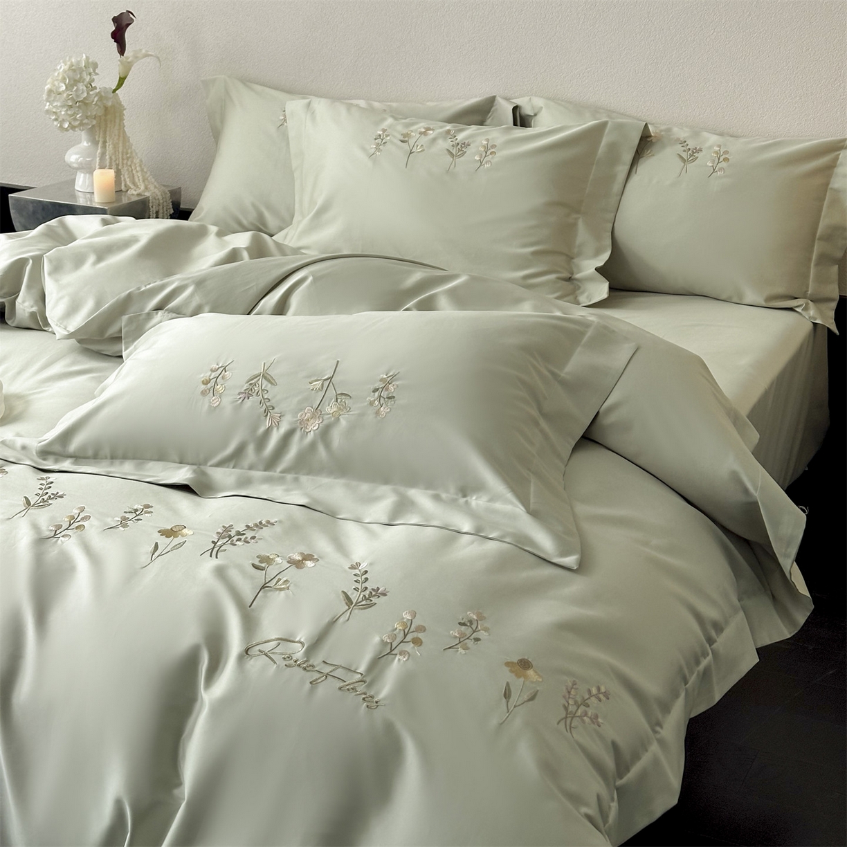 91家纺网 家纺一手货源 找家纺 泽西家纺+V17798841158发大图 2026新品刺绣50s双股全棉长绒棉纯棉宽边四件套-花有约 花有约-玛瑙绿