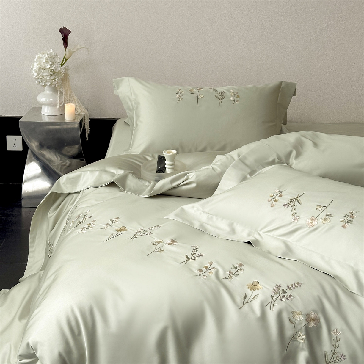 91家纺网 家纺一手货源 找家纺 泽西家纺+V17798841158发大图 2026新品刺绣50s双股全棉长绒棉纯棉宽边四件套-花有约 花有约-玛瑙绿