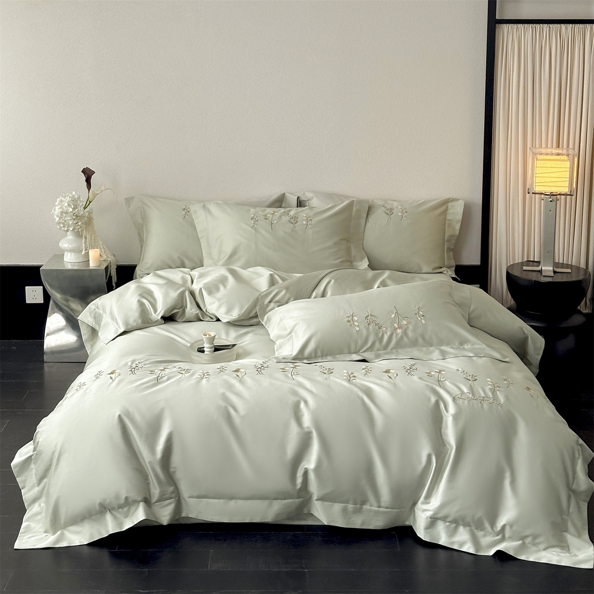 91家纺网 家纺一手货源 找家纺 泽西家纺+V17798841158发大图 2026新品刺绣50s双股全棉长绒棉纯棉宽边四件套-花有约 花有约-玛瑙绿