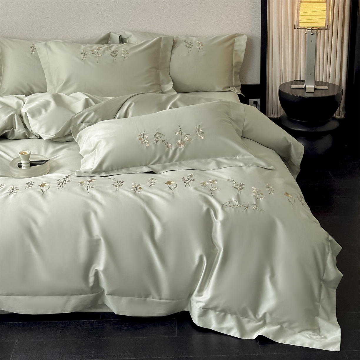 91家纺网 家纺一手货源 找家纺 泽西家纺+V17798841158发大图 2026新品刺绣50s双股全棉长绒棉纯棉宽边四件套-花有约 花有约-玛瑙绿