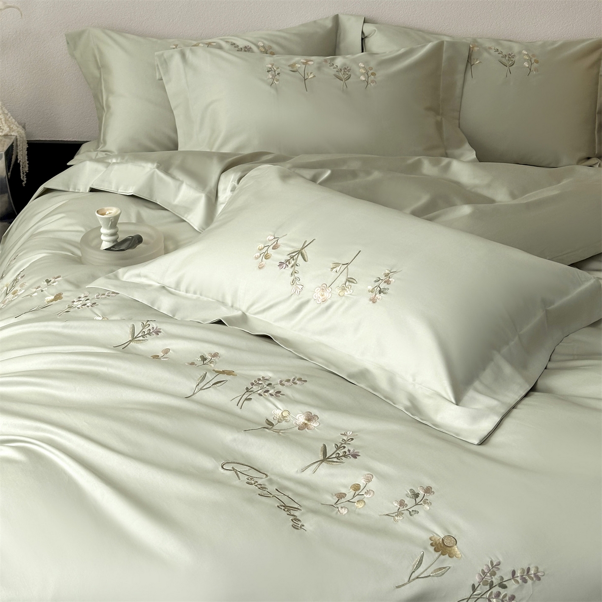 91家纺网 家纺一手货源 找家纺 泽西家纺+V17798841158发大图 2026新品刺绣50s双股全棉长绒棉纯棉宽边四件套-花有约 花有约-玛瑙绿